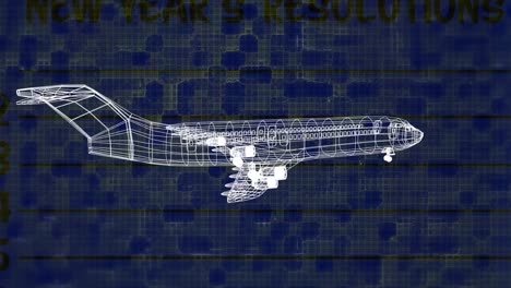 animation of 3d airplane model spinning over text on blue background