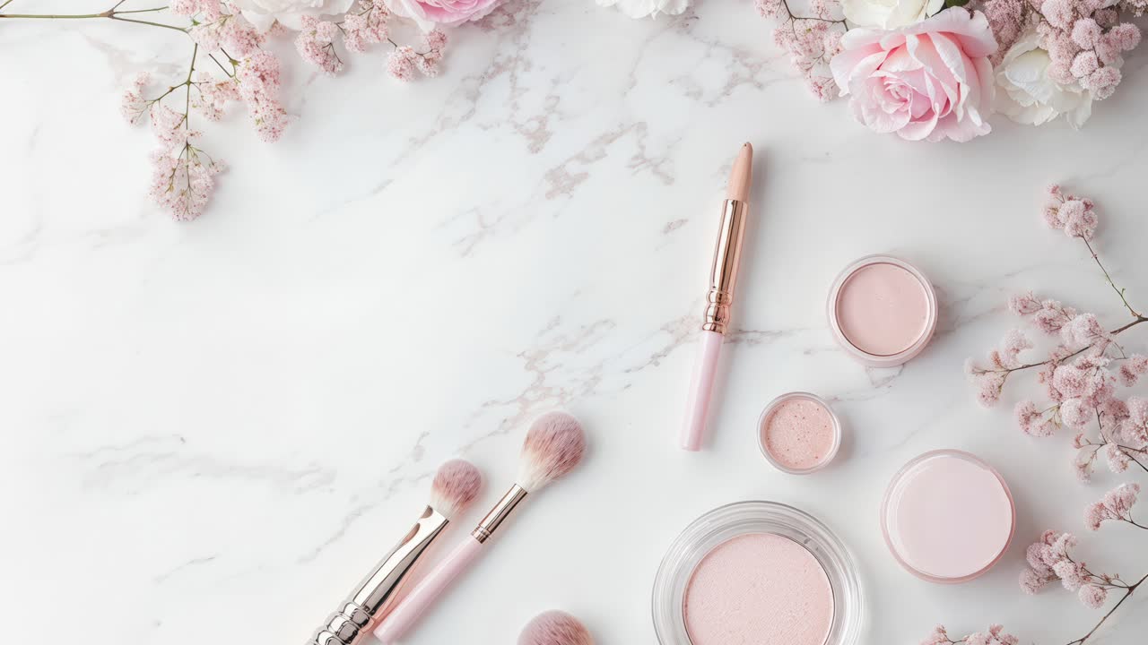 Pink Makeup and Flowers on Marble