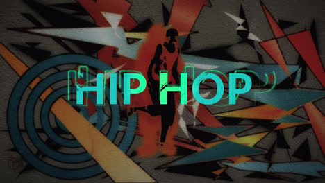 animation of hip hop text over silhouett of dancing man and shapes