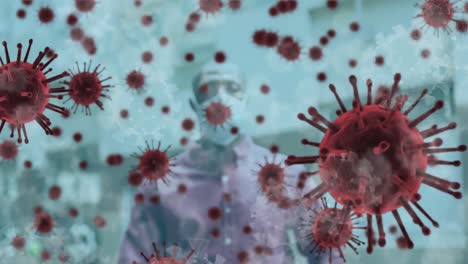 Animation-of-coronavirus-cells-over-man-wearing-face-mask