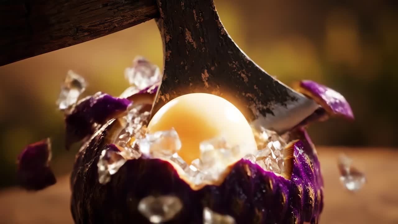 Axe breaking a purple fruit with a glowing egg inside