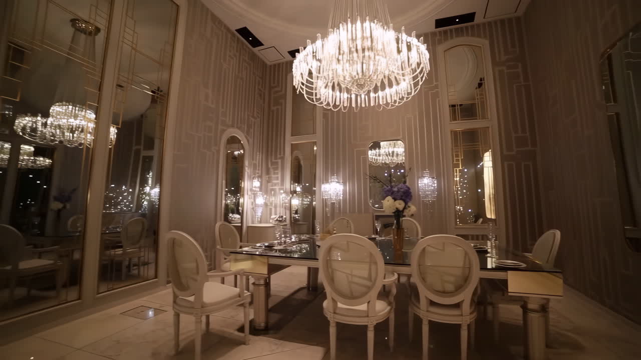 Luxurious Dining Room with Crystal Chandelier and Mirrored Walls