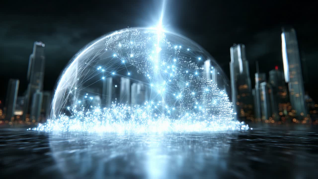 A stunning visual of a luminous energy dome encapsulating glowing particles while surrounded by an abstract urban backdrop, symbolizing innovation, technology, and the convergence of light and life