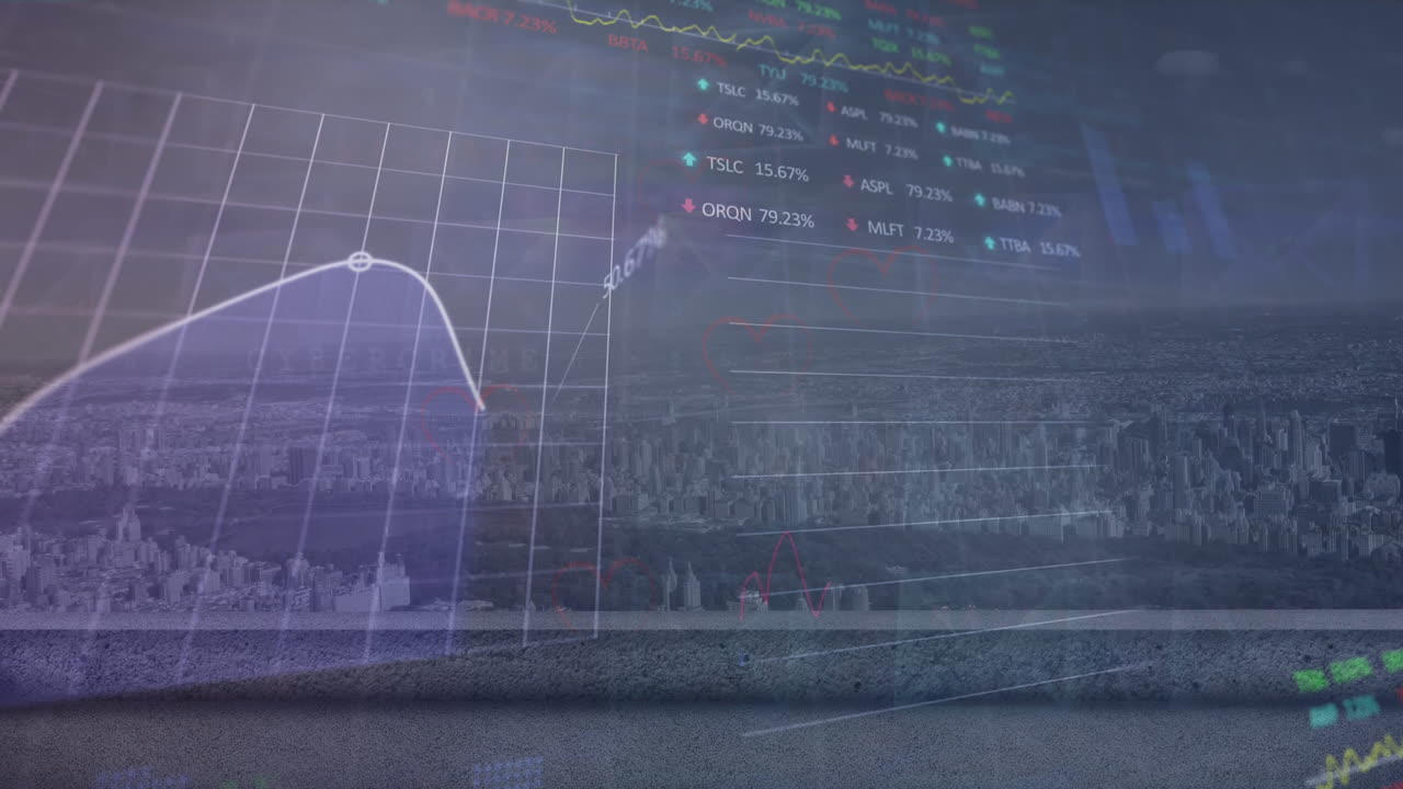 도시 풍경의 공중 전망에 대한 통계 및 증권 시장 데이터 처리의 애니메이션