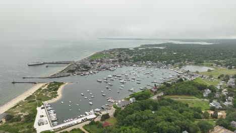 establishing drone shot of the oak bluffs marina in massachusetts