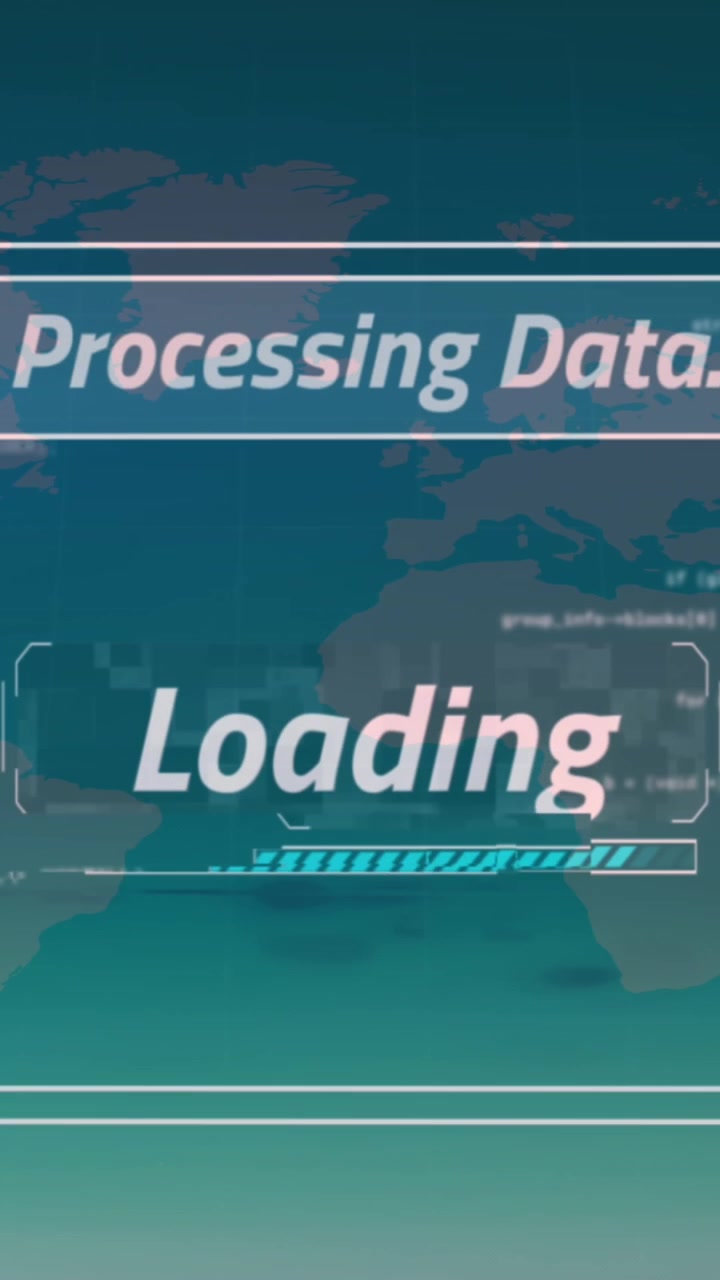 Animación de múltiples textos, barra de carga y lenguaje de programación sobre puntos en un mapa.