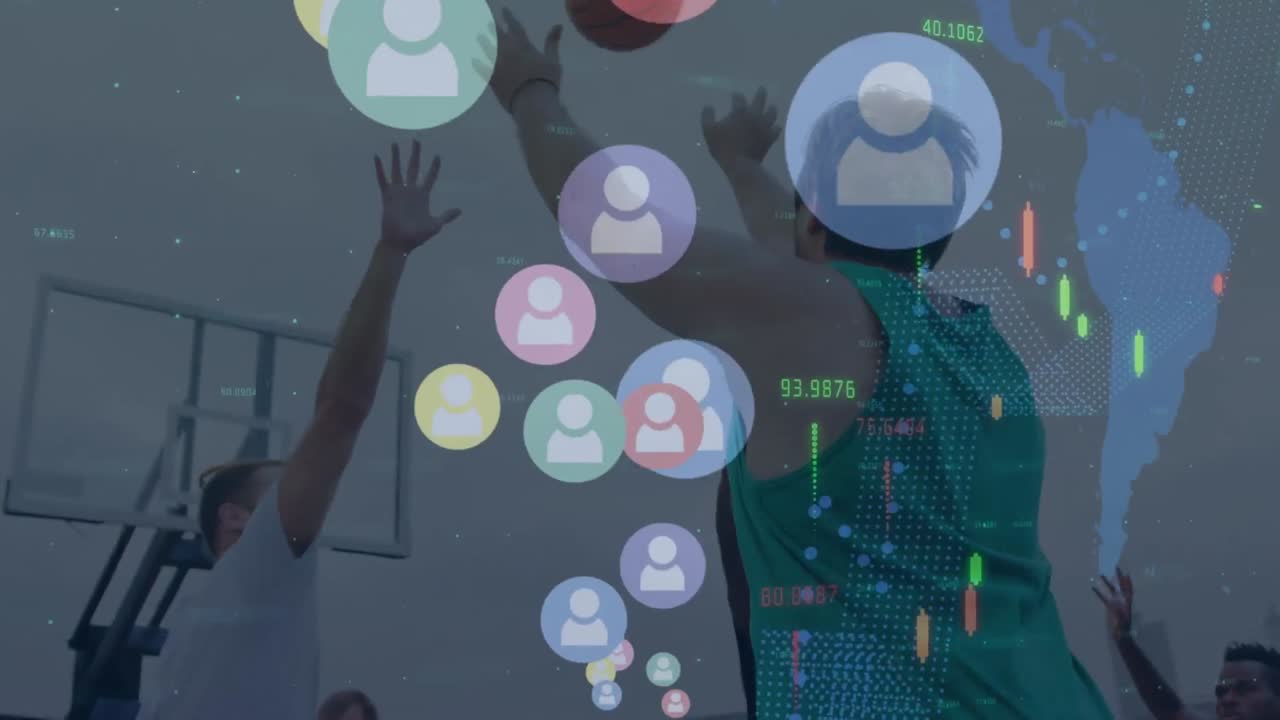 다양한 남성 농구 선수들의 데이터 처리 애니메이션