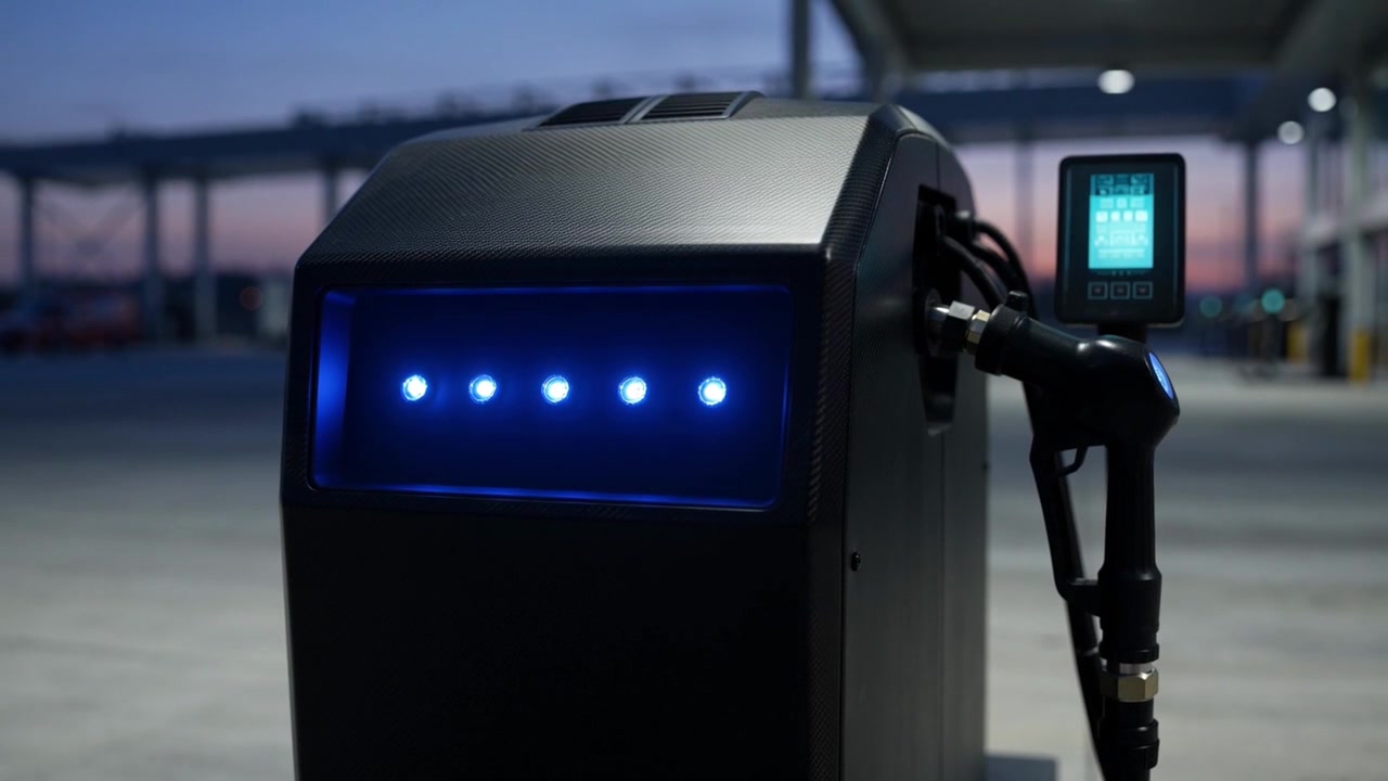 Modern Electric Vehicle Charging Station with Blue Lights at Dusk