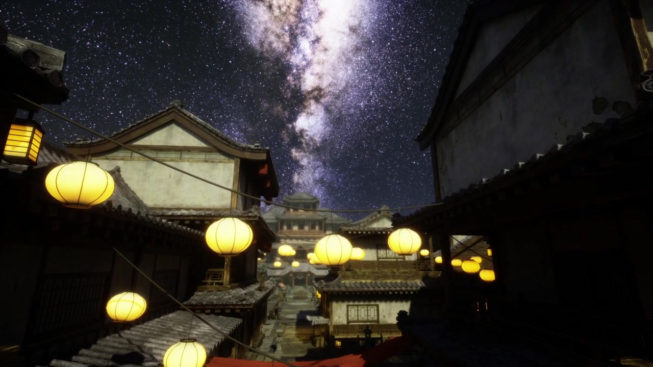 夜、輝く紙提灯に照らされた静かな寺院の通路
