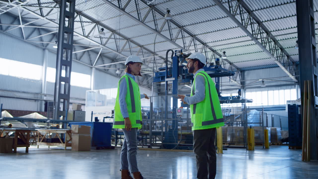 Expertos de fábrica hablando sobre la fabricación y distribución de productos.