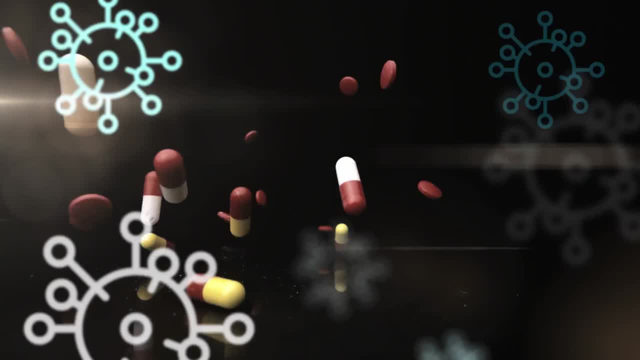 검은 바탕에 떨어지는 알약 위에 떠다니는 코로나19 세포 아이콘의 애니메이션