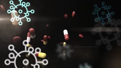 animación de iconos de células de covid-19 flotantes sobre píldoras que caen sobre el fondo negro