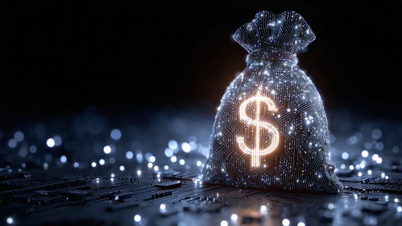 Digital Currency Concept: Illuminated Dollar Sign on a Bag Surrounded by Circuit Patterns and Bokeh Lights, Representing Financial Innovation and Technology Trends