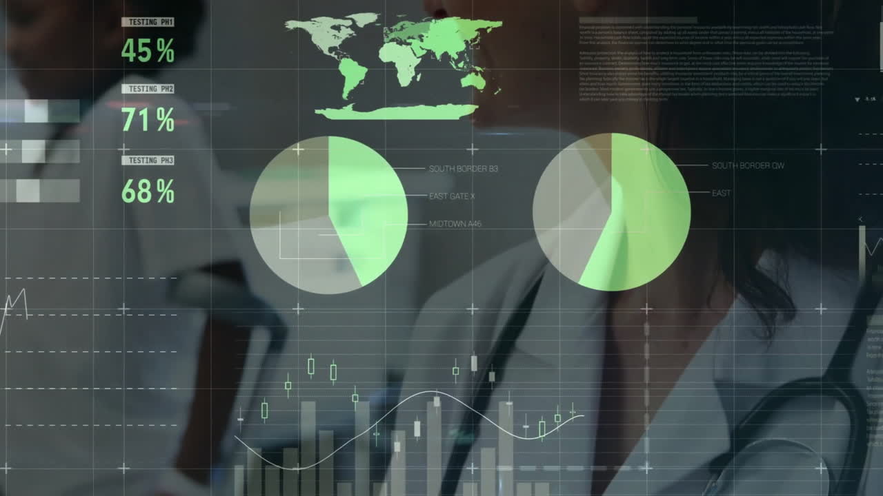 animación del procesamiento de datos financieros sobre una doctora caucásica