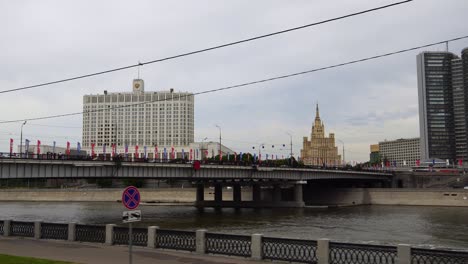 establishing drone shot of soviet architecture buildings in moscow russia