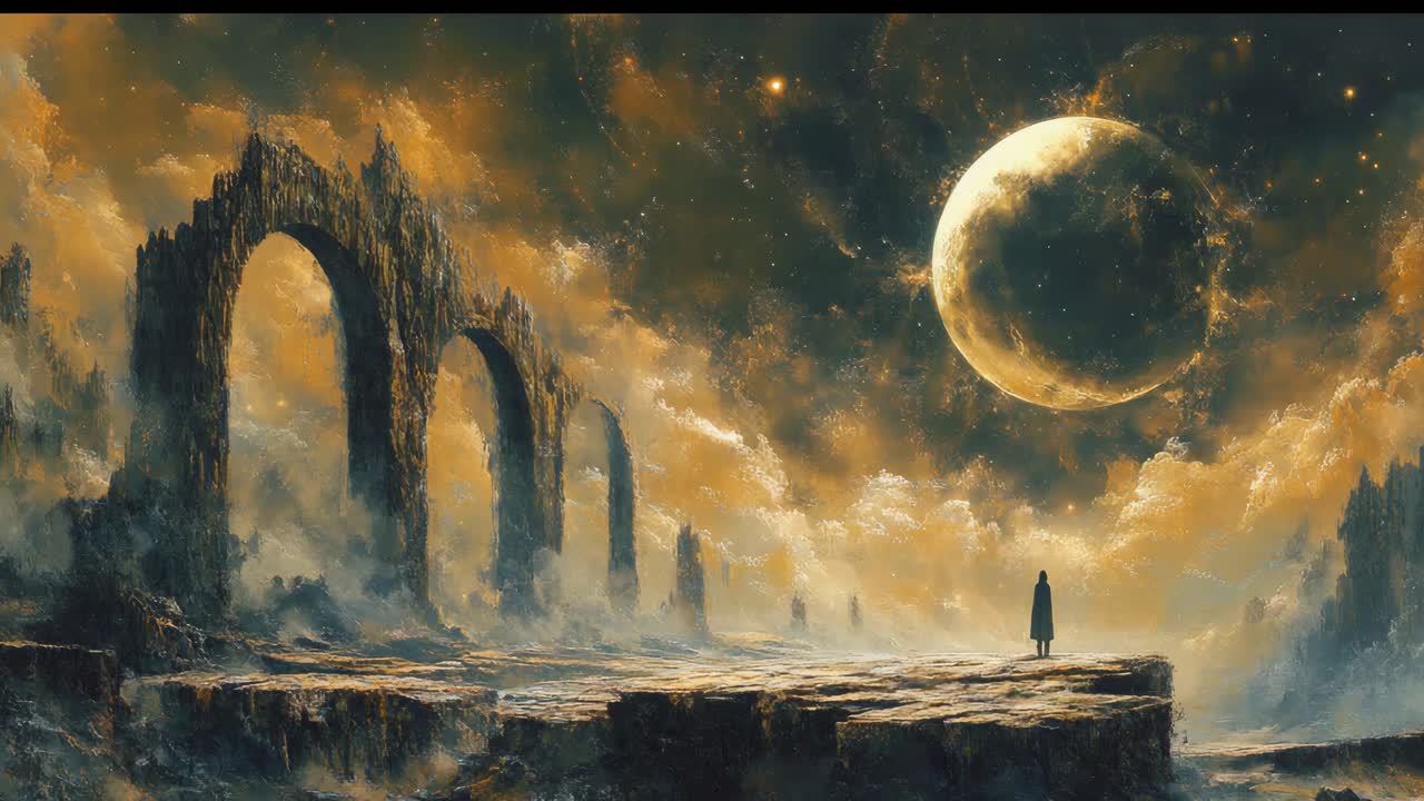 Girl Standing on a Cliff in a Fantastical Landscape