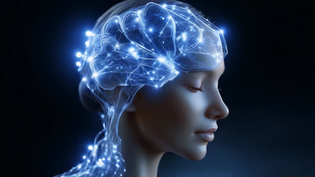 Una rappresentazione affascinante del cervello umano illuminato da connessioni radiose, che mostra gli intricati percorsi neurali e la profonda complessità dei processi cognitivi attraverso la visualizzazione artistica
