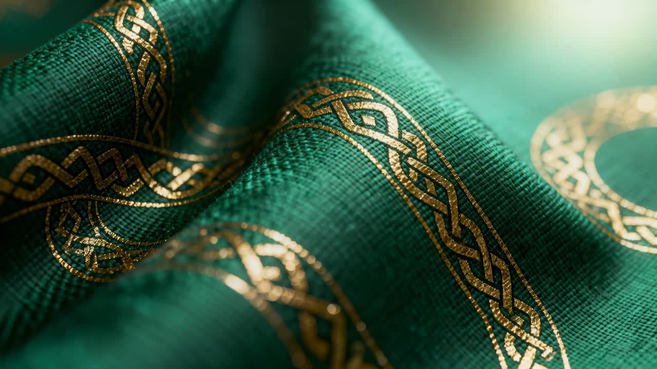 Panning cam revealing green cloth folds under warm right light in macro, gold knot pattern glinting