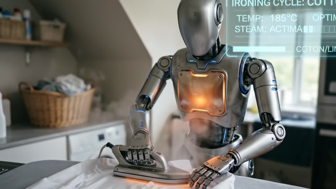 Futuristisk robot stryker en hvit skjorte i et moderne hjem