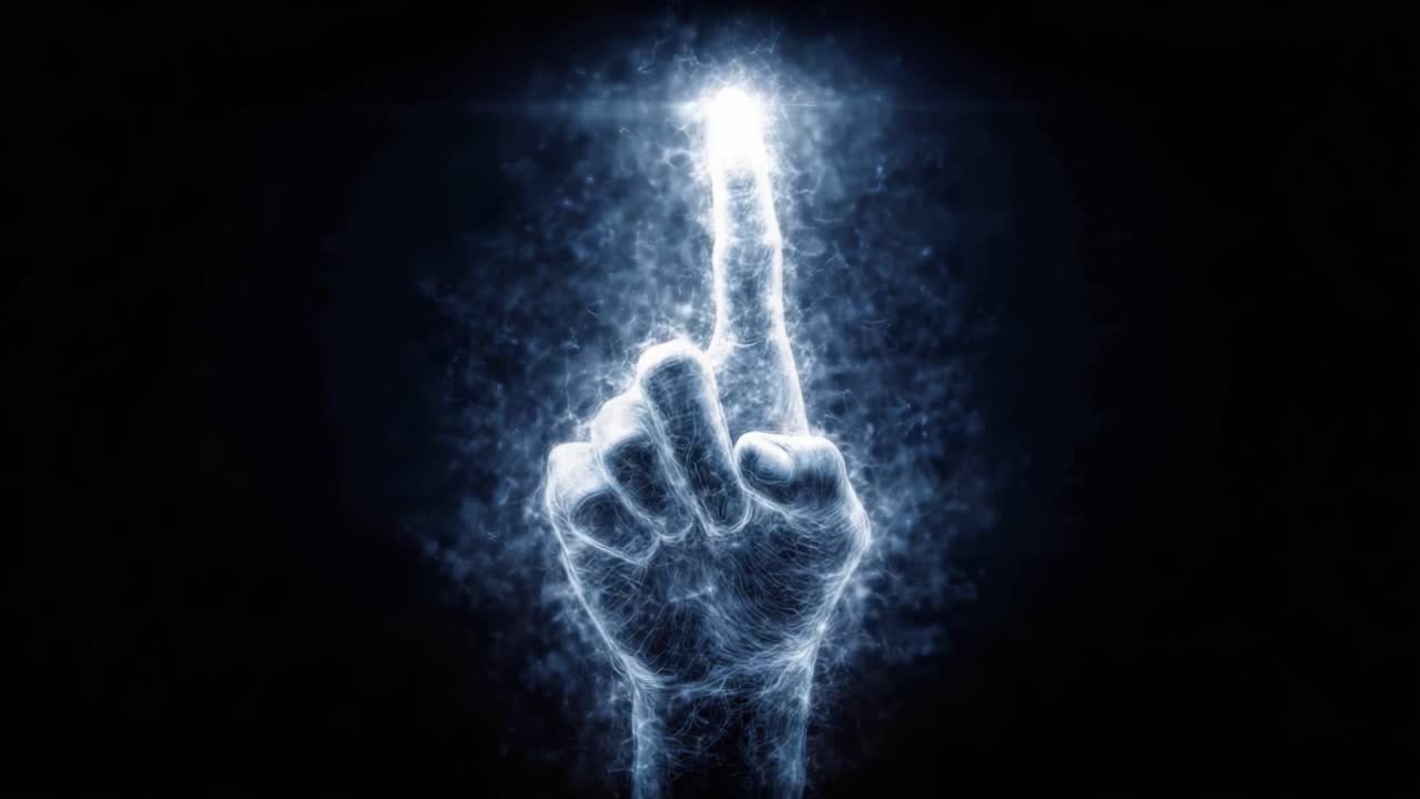 Eine leuchtende Fingergeste, die ein ätherisches Leuchten ausstrahlt und Ausdruck sowie Bewusstsein durch ein strahlendes Licht vor einem dunklen Hintergrund symbolisiert.