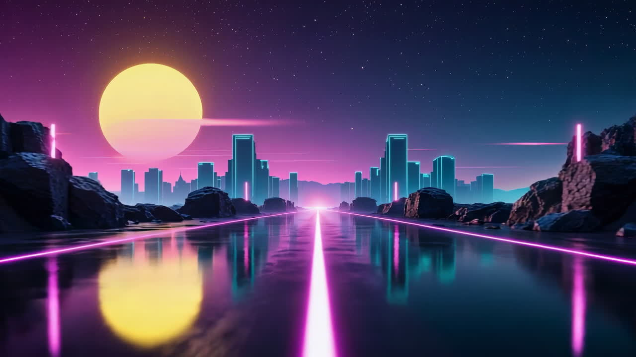 Retro-futuristic Cityscape with Neon Lights and Reflective Water