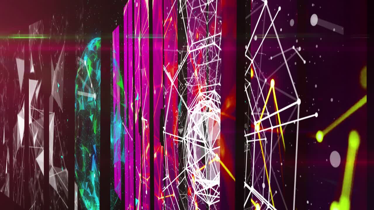 animación de formas en movimiento y globo sobre fondo negro.