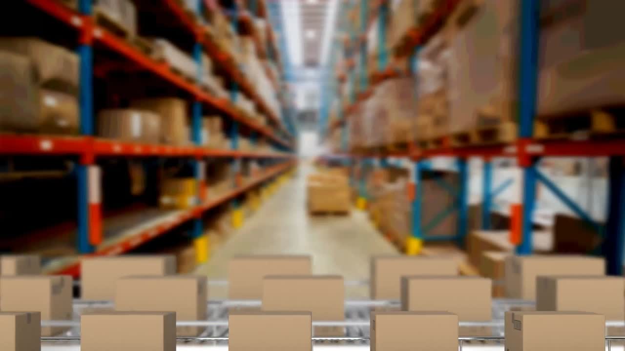 animación de cajas de cartón en cintas transportadoras en el almacén