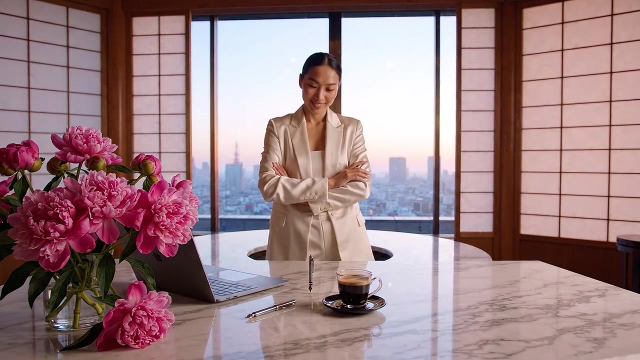 Una donna d'affari sicura di sé in piedi in un moderno ufficio con vista, che irradia professionalità ed eleganza mentre è circondata da bellissime peonie rosa.