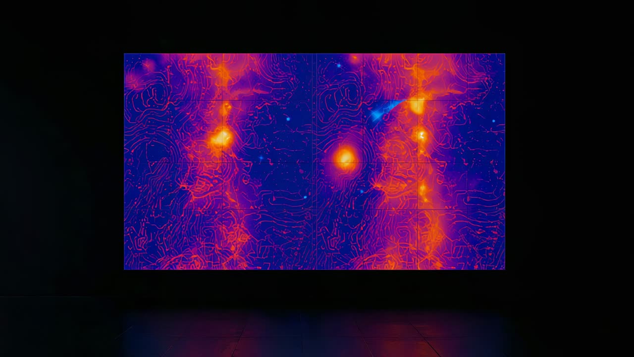Animating large screen pulsing, shifting in dark gallery with floor reflection showing heat map