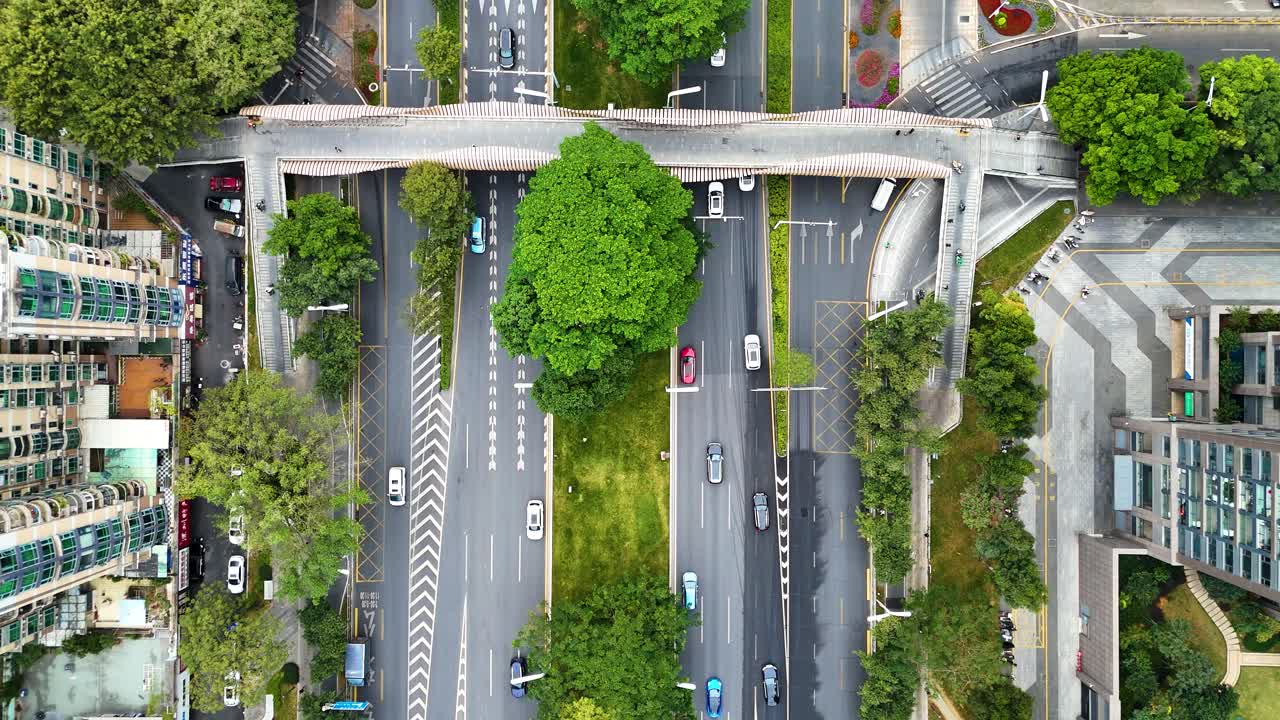 Top-down drone shot of Shenzhen City and traffic, Guangdong Province, China