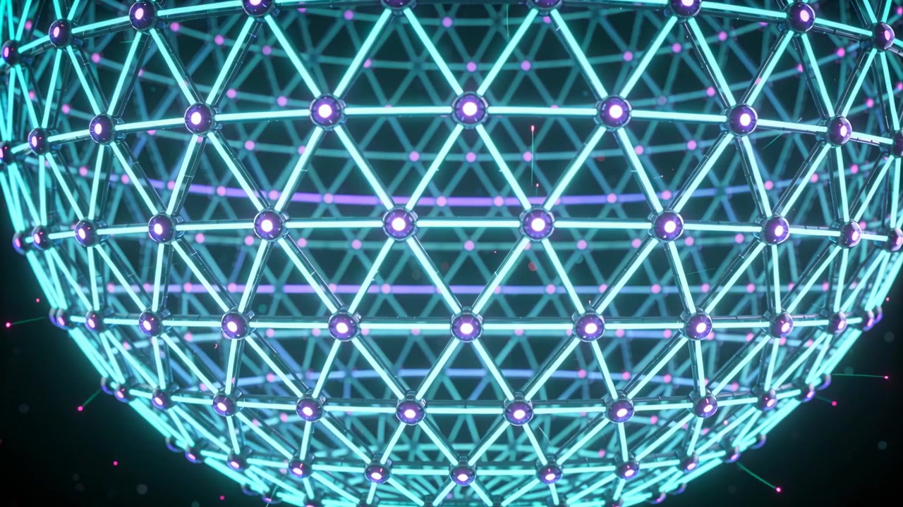 On start camera moving closer to neon cyan lattice sphere in void, revealing pulsing magenta nodes