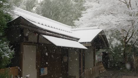 Snow-in-Kyoto-Japan,-White-rooftop-in-forest-of-Arashiyama-in-Winter