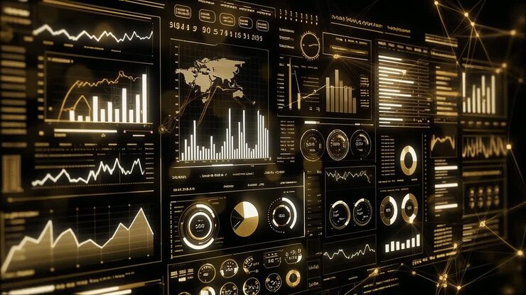 Digitalt Business Intelligence-dashbord som viser finansielle data og globale analyser