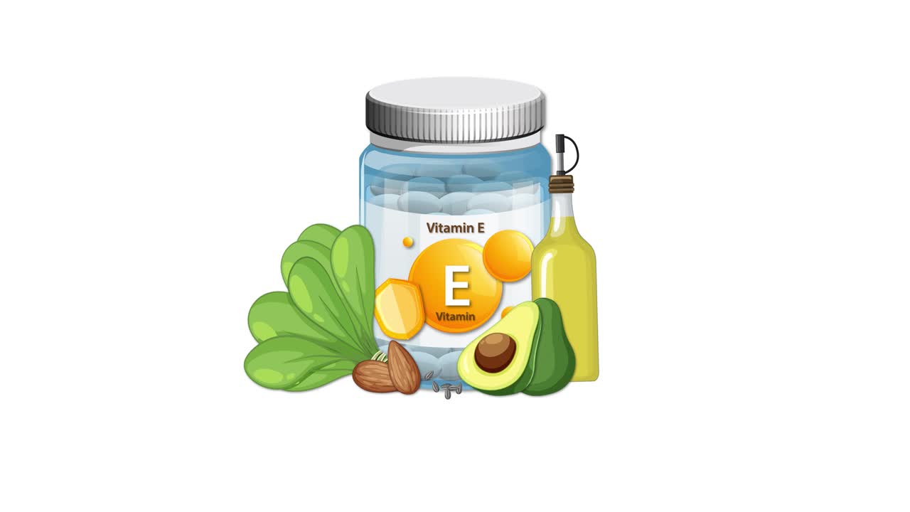 Vitamin E bottle with nuts, seeds, leafy greens, and oil appears on clean white background