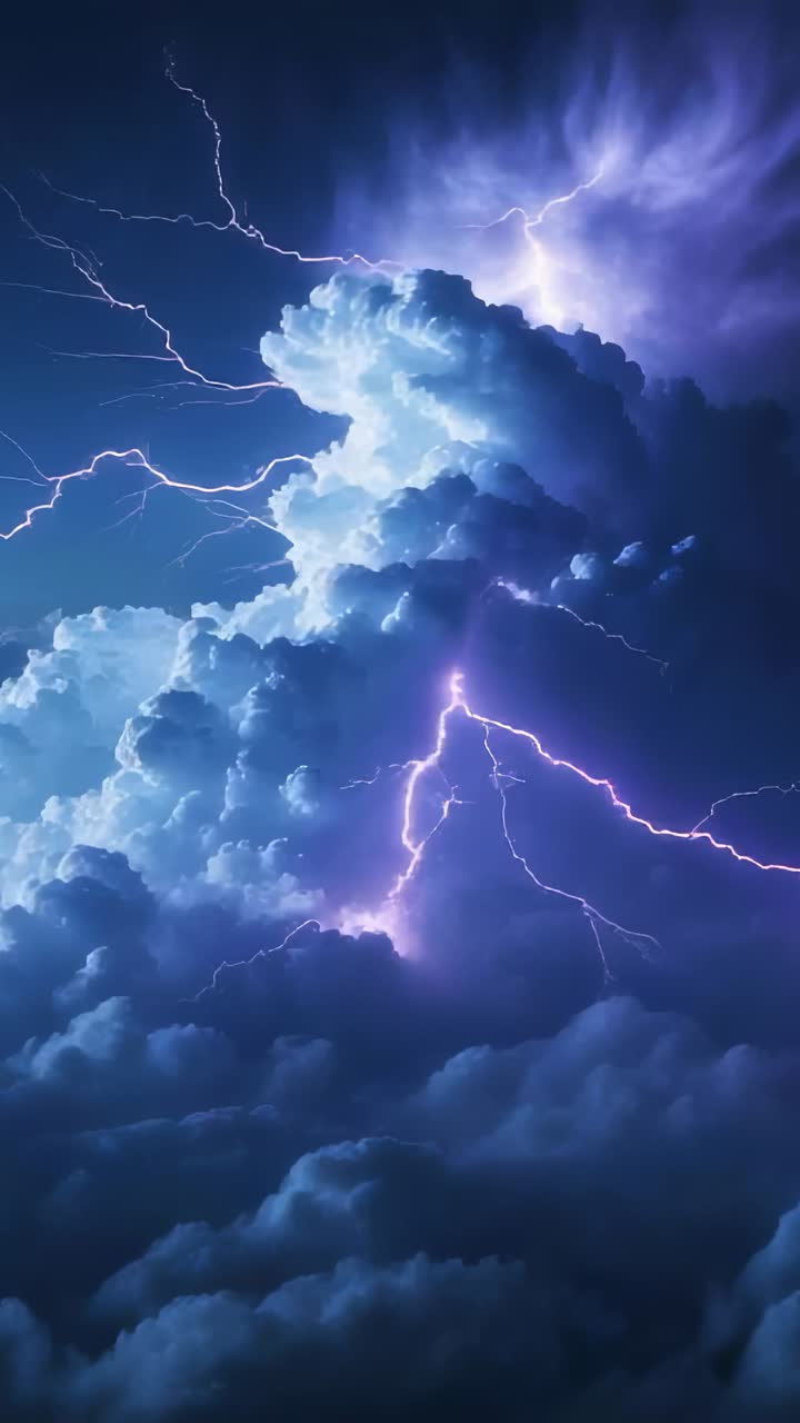 Vertical video: Flashing violet bolt arcing across tall storm cloud at night, highlighting ridges