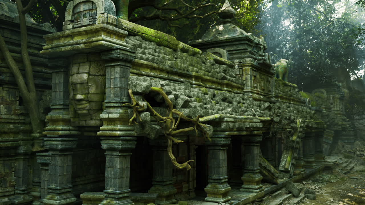 Rovine di antichi templi in Cambogia avvolte dalla giungla lussureggiante all'alba.