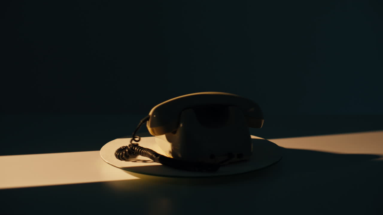 Old telephone rotating shadow dark room closeup. Vintage phone demonstrating