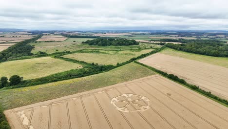 Vista-Aérea-Que-Rodea-Los-Círculos-De-Cultivo-De-Badbury-Rings-En-Un-Vasto-Paisaje-Rural-De-Tierras-Agrícolas-De-Dorset