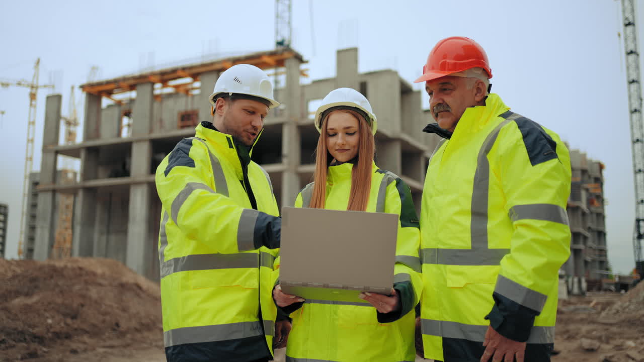 foreman architect and civil engineer are checking construction in building site viewing project in laptop