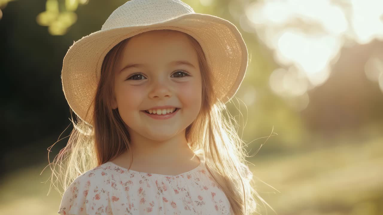 Um vídeo ensolarado e acolhedor captura uma garota sorrindo com um chapéu de palha, filmada de um ângulo baixo