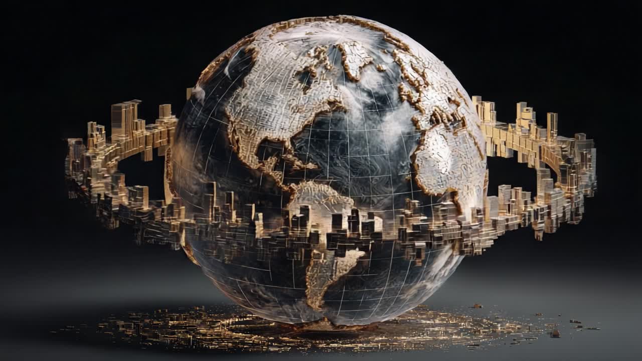 Intricate golden city with skyscrapers growing and expanding around a metallic, abstract Earth globe, symbolizing urban development, globalization, and global real estate investment