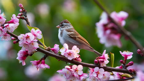 small bird perched on a branch with pink blossoms