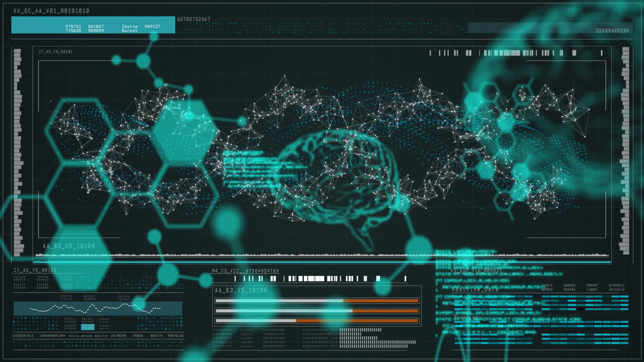 Animation of dna, brain and scientific data processing over black background