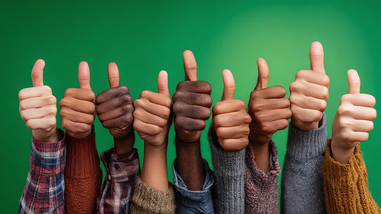 Una conmovedora muestra de unidad y positivismo: manos levantando el pulgar contra un vibrante fondo verde, que simboliza la aprobación y el apoyo entre diversos grupos