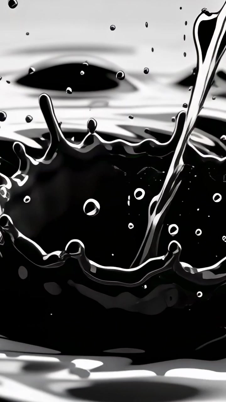 Vídeo vertical: Fluxo preto sendo derramado entrando pelo canto superior direito, atingindo uma poça em close-up, criando uma coroa de respingos.