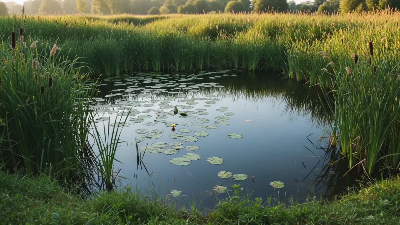 Serene Reflection in a Tranquil Pond Surrounded by Lush Greenery and Water Lilies Under Soft Morning Light