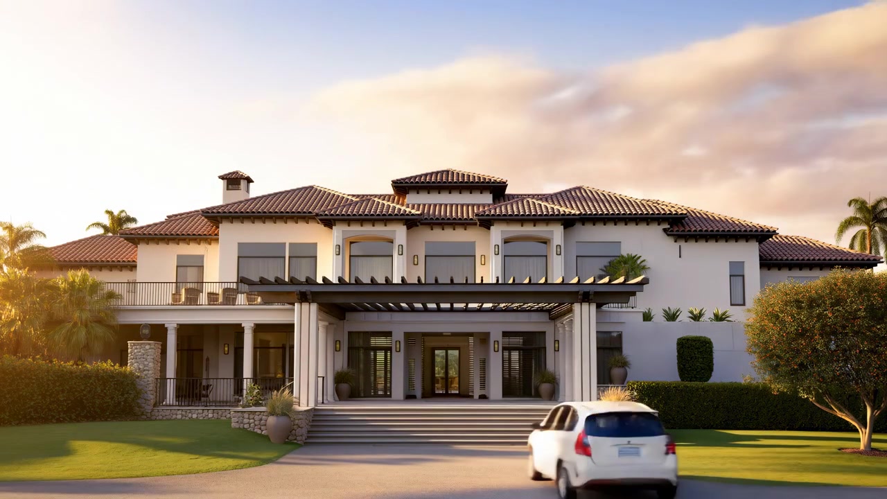 Vista frontal de una gran residencia contemporánea con paredes blancas, un tejado de tejas oscuras, ventanas amplias, entrada cubierta, césped bien cuidado, palmeras y un cielo nublado.