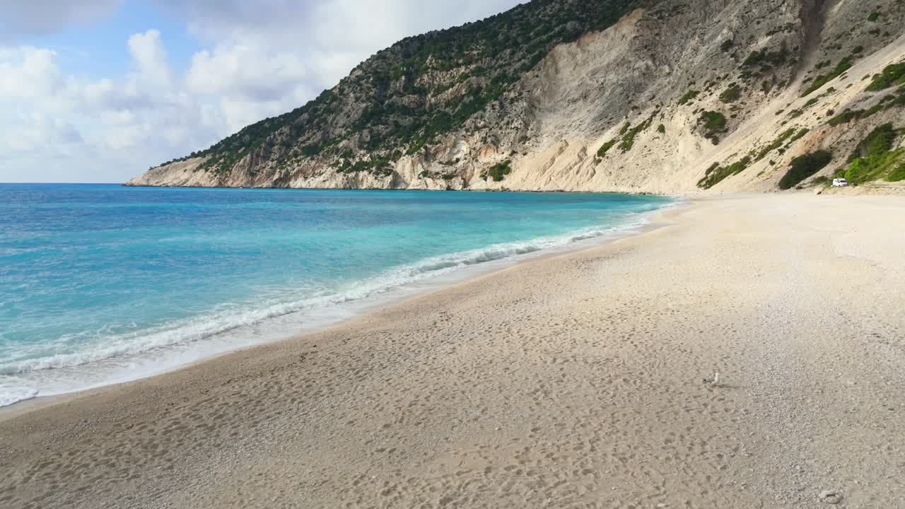 Vibrant aerial drone capture of Kefalonia’s Myrtos Beach with crystal-clear turquoise waters, white rocky sand, and sunny skies—an iconic European coastal landscape.