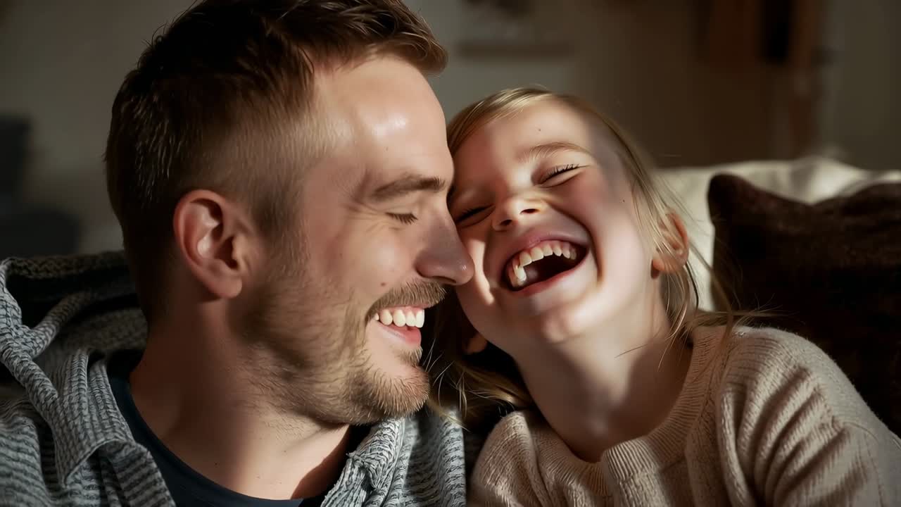 Smile sparking dad-daughter laughing nuzzling bonding home on couch in knit hoodie, ribbed sweater