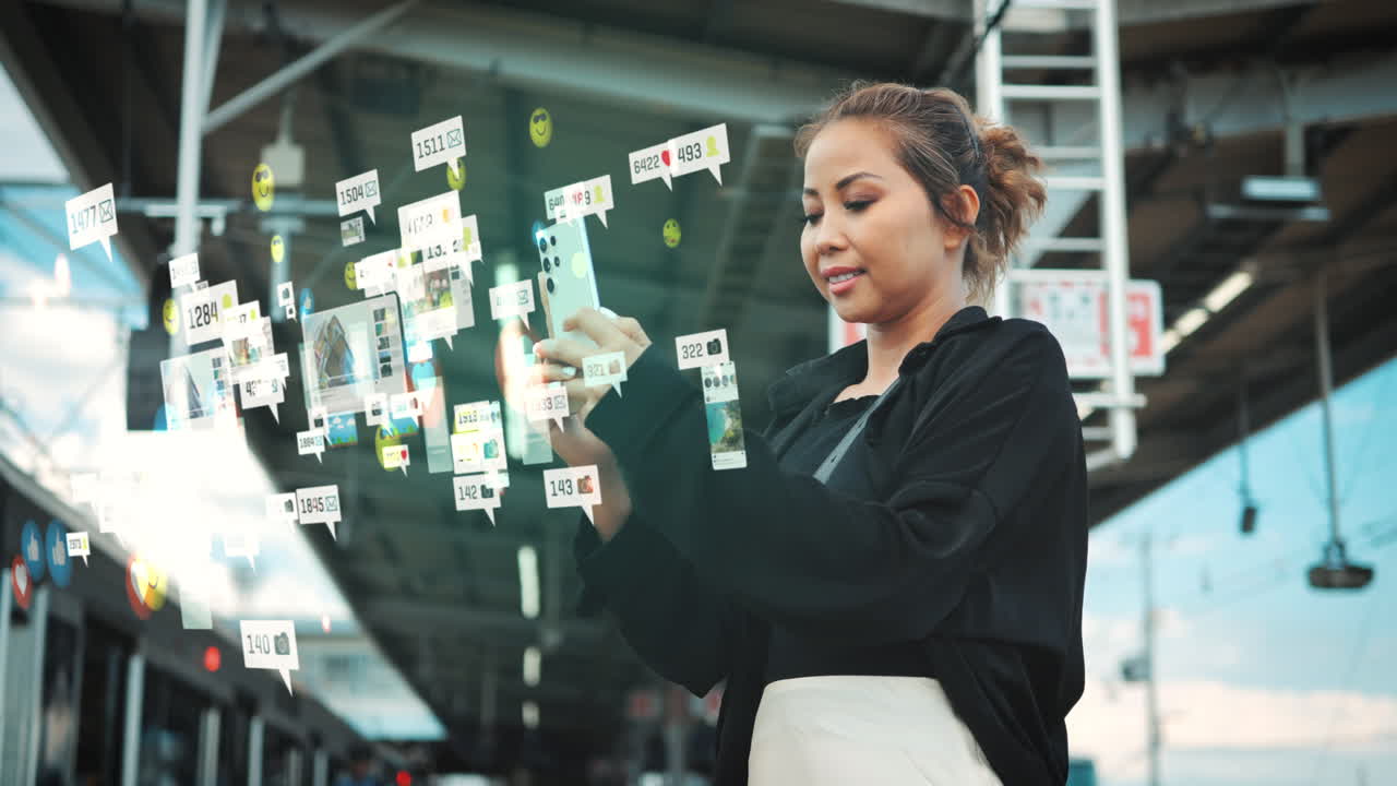 Woman uses smartphone at train station, surrounded by floating social media icons and notifications, blend of everyday life with digital connectivity, wide-angle shot woman's focused expression